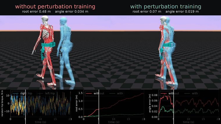 Comparison of human motion tracking without and with perturbation training